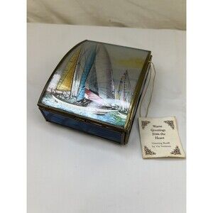 Vtg Via Vermont Sailboat Jewelry Trinket Box Cobalt Blue Glass Mirrored‎ Brass